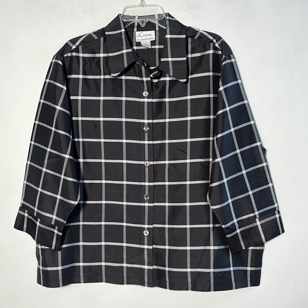 LINEA by LOUIS DELL'OLIO Career 100% Silk B/W Window Pane 3/4 SLV Top/Shacket 1X